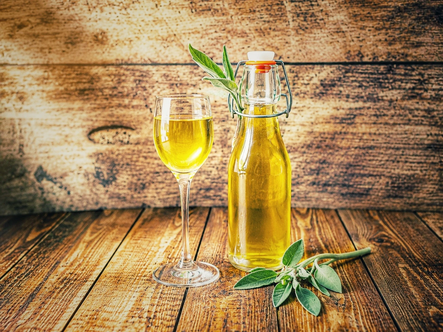 Selbstgemachter Salbeisirup in einer Glasflasche mit Bügelverschluss und einem gefüllten Glas auf rustikalem Holztisch