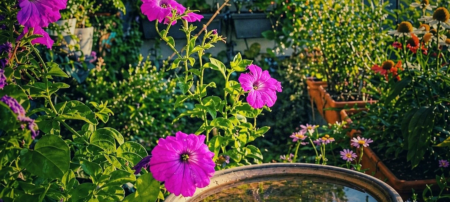 Blühender Balkon mit pinken Petunien und kleiner Wasserschale im Vordergrund