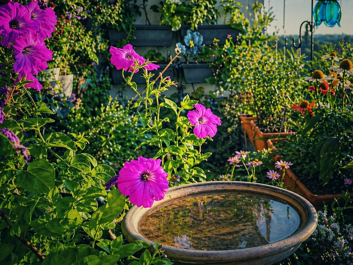 Blühender Balkon mit pinken Petunien und kleiner Wasserschale im Vordergrund