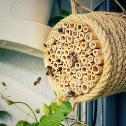 Mehrere Wildbienen an einer fast vollständig belegten Nisthilfe aus Bambusröhrchen auf einem Balkon.
