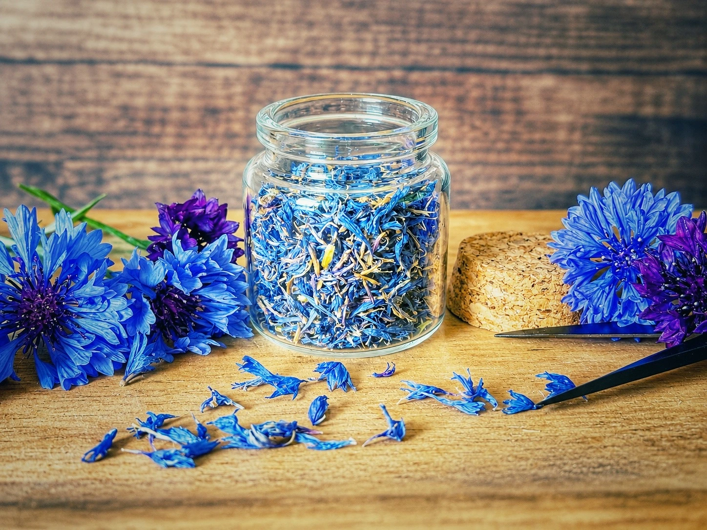Getrocknete Kornblumen in einem Vorratsglas mit frischen Kornblumen auf einem Holzbrett.