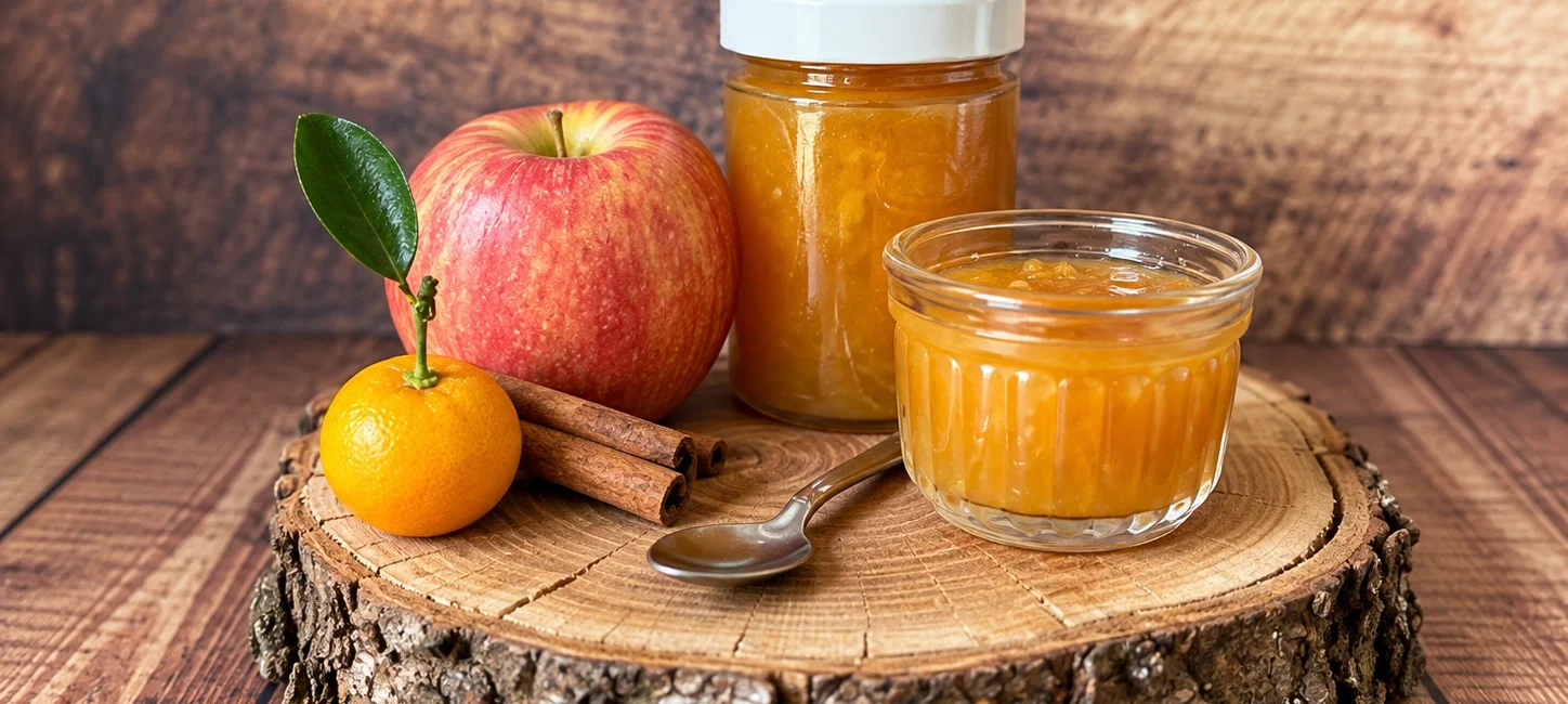 Calamondin-Apfel-Marmelade mit Apfel, Calamondin und Zimtstangen