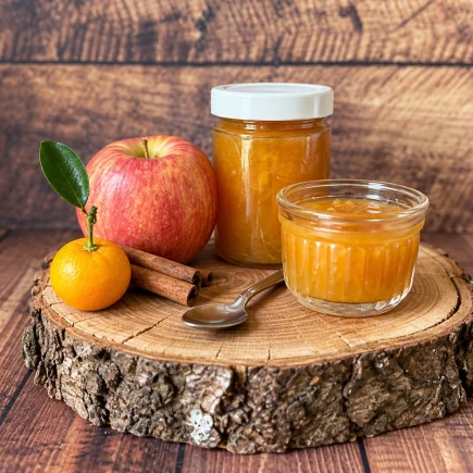 Calamondin-Apfel-Marmelade mit Apfel, Calamondin und Zimtstangen
